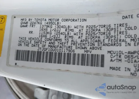 2001 Lexus Rx 300 z USA, uszkodzony, nr VIN JTJGF10U010117906